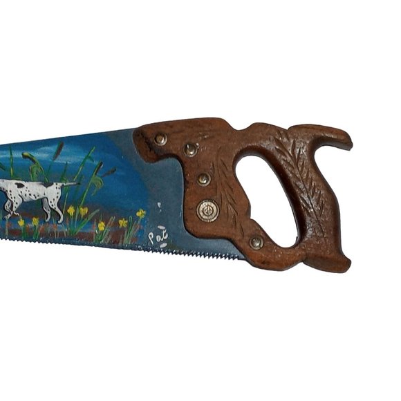 Primitive English Pointer Bird Dog Painting Rustic Hand Saw Vintage Flower OOAK - Picture 16 of 16